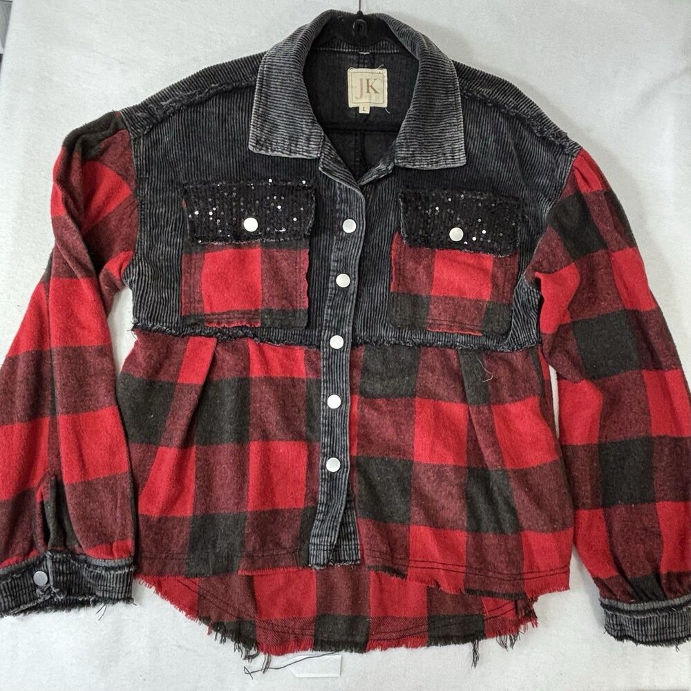 JK Mikka Shacket Red Plaid Black Corduroy And Sequins Oversized Shirt